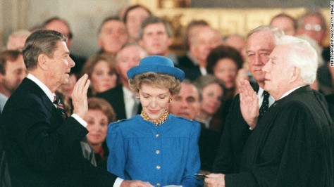 Ronald Reagan is sworn in on January 21, 1985, at the U.S. Capitol for his second term by Supreme Court Chief Justice Warren Burger