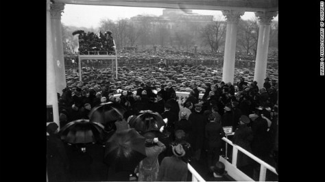 Chief Justice Charles Evans Hughes Sr. administers the oath of office to Franklin D. Roosevelt for his second term on January 20, 1937. This marked the first January event; before this, inaugurations were traditionally held in March