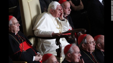 Benedict attends a screening of a movie about his predecessor, Pope John Paul II, on October 16, 2008, in Vatican City during celebrations of the 30th anniversary of John Paul's election as pontiff.