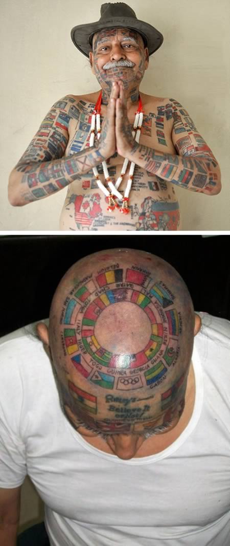 Guinness Rishi, 70, from Delhi, cover em body with the flags of 305 different countries, 185 country maps, 165 mini flags and 2,985 characters.