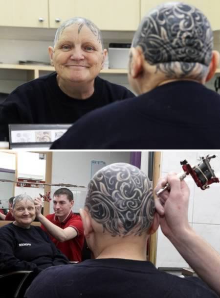 She na grandmother turned bald by alopecia and the best thing to do? - A tattoo to cover her entire head. Ann McDonald, 60, dey suffer from alopecia and also get thyroid problem wey result in total apari
